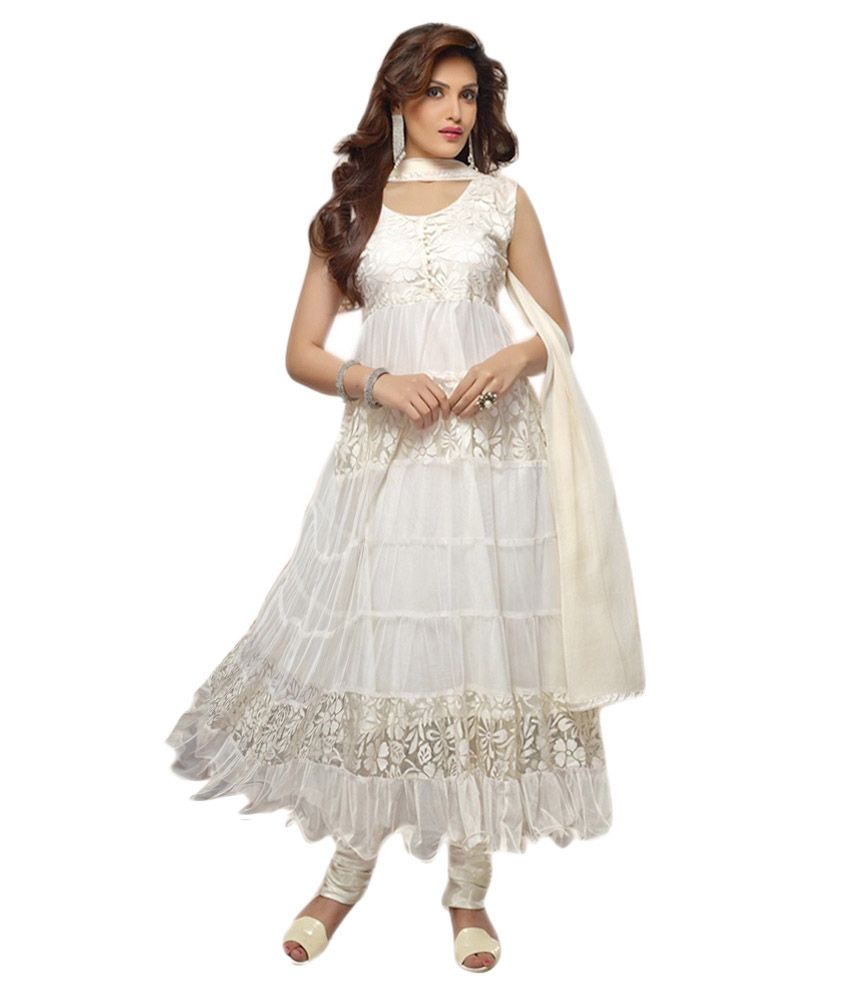 Sudev White Brasso Anarkali Semi Stitched Dress Material available at