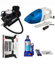 Black Cat Combo Pack Of Car Vacuum Cleaner And Mini Air Pump And Puncture Kit And Bottle Jack