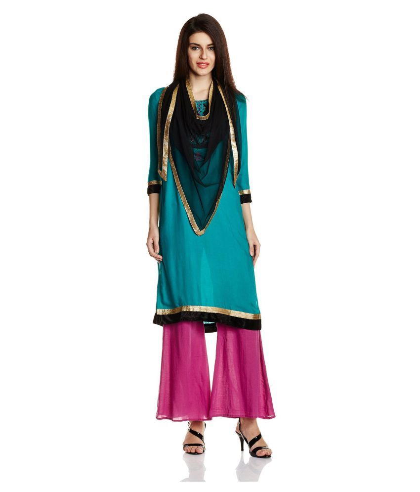 Atayant Turquoise Cotton Straight Block Printed Kurti