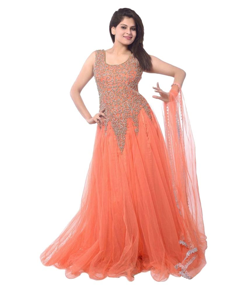 Krishna Fashion Orange Net Anarkali Gown Semi-stitched Suit available at snapdeal for Rs.369