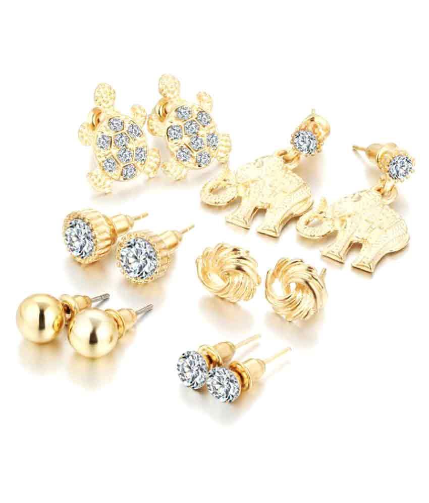 Stripes Valentine's Day Special Crystal ,golden Tortoise And Elephant Design Stylish Designer Stud Earrings - Set Of 6 available at snapdeal for Rs.450