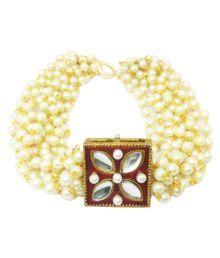Ethnic, Fusion. Rajasthani Karigari, Multistranded Pearl And Kundan Hand Bracelet/bangle For Women