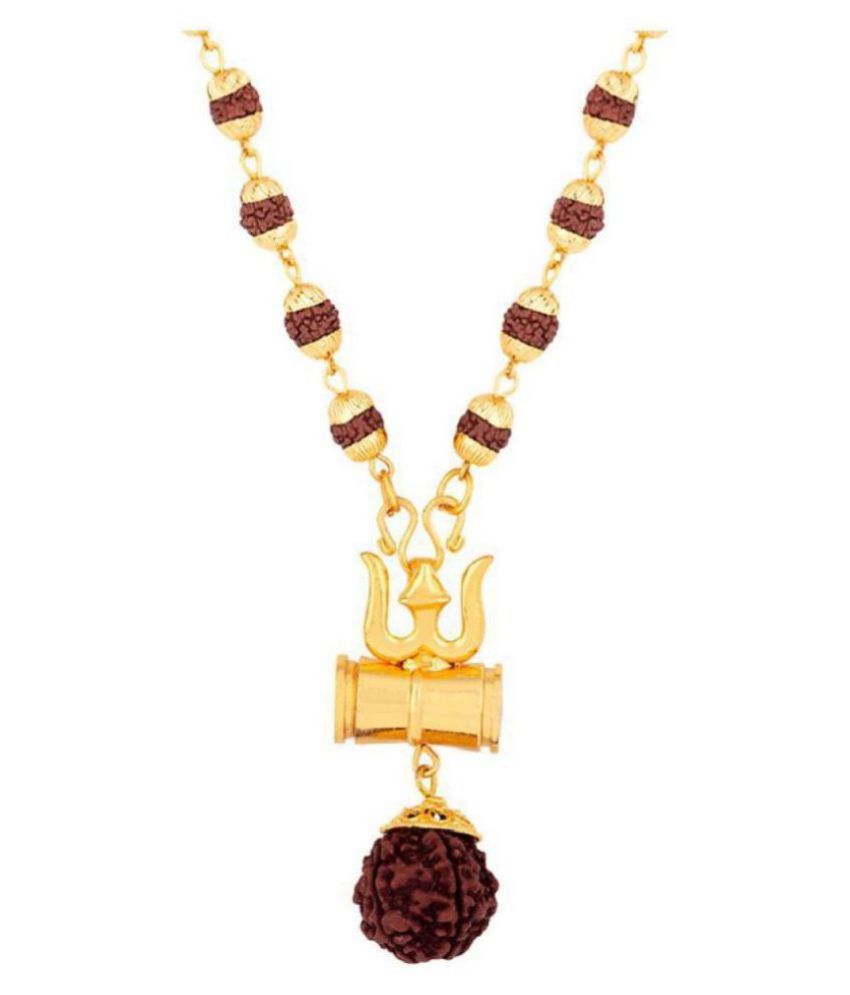 Rudra Zone Trishul Damru Locket With Puchmukhi Rudraksha Mala Gold