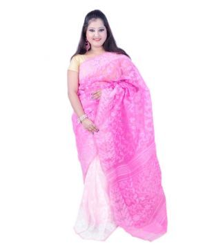 Dhakai Jamdani Half Half White And Pink And White Color All Over Body Self Work Soft Dhakai Saree Buy Dhakai Jamdani Half Half White And Pink And