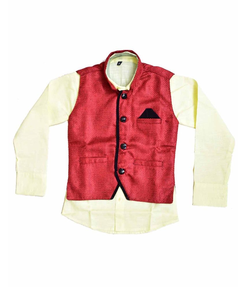     			British Terminal Yellow and Red Cotton Full Sleeves Solid Shirt with Nehru Jacket