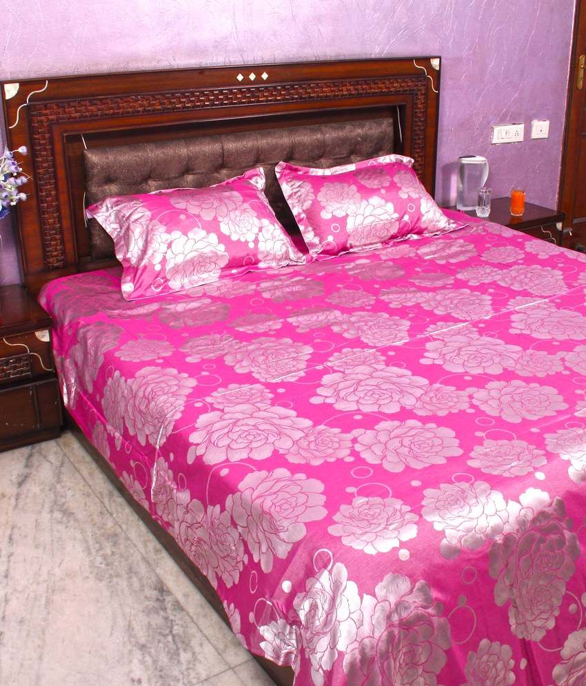 Bed And Bath Pink Floral Polyester Queen Size Double Bedsheet with 2