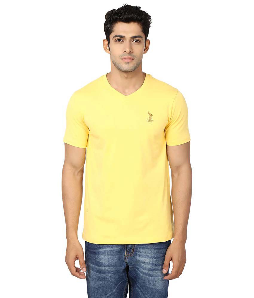 Flicker Hoods Yellow Cotton Half Sleeve V-Neck T-Shirt - Buy Flicker ...