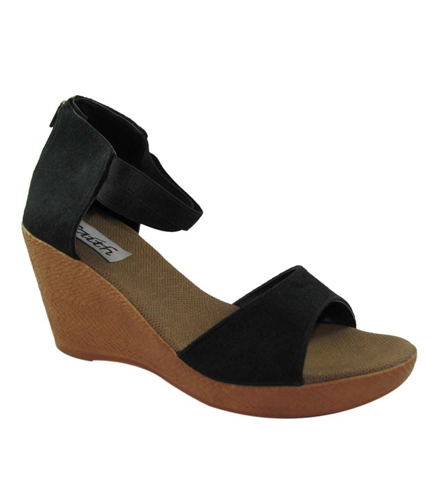Faith Black High Heel Wedges Round Toe Covered Back Suede Sandals Price ...