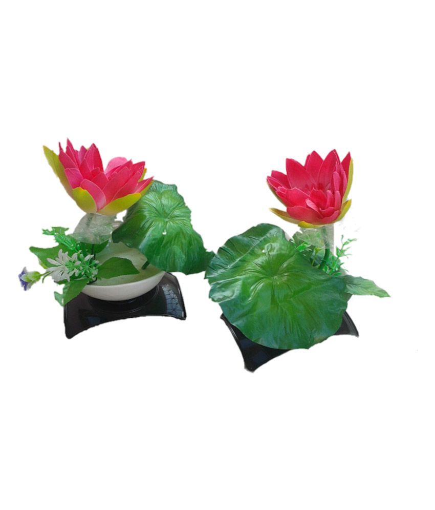 Pooja Florist Red Lotus Virgin Plastic Artificial Flower Set of 2
