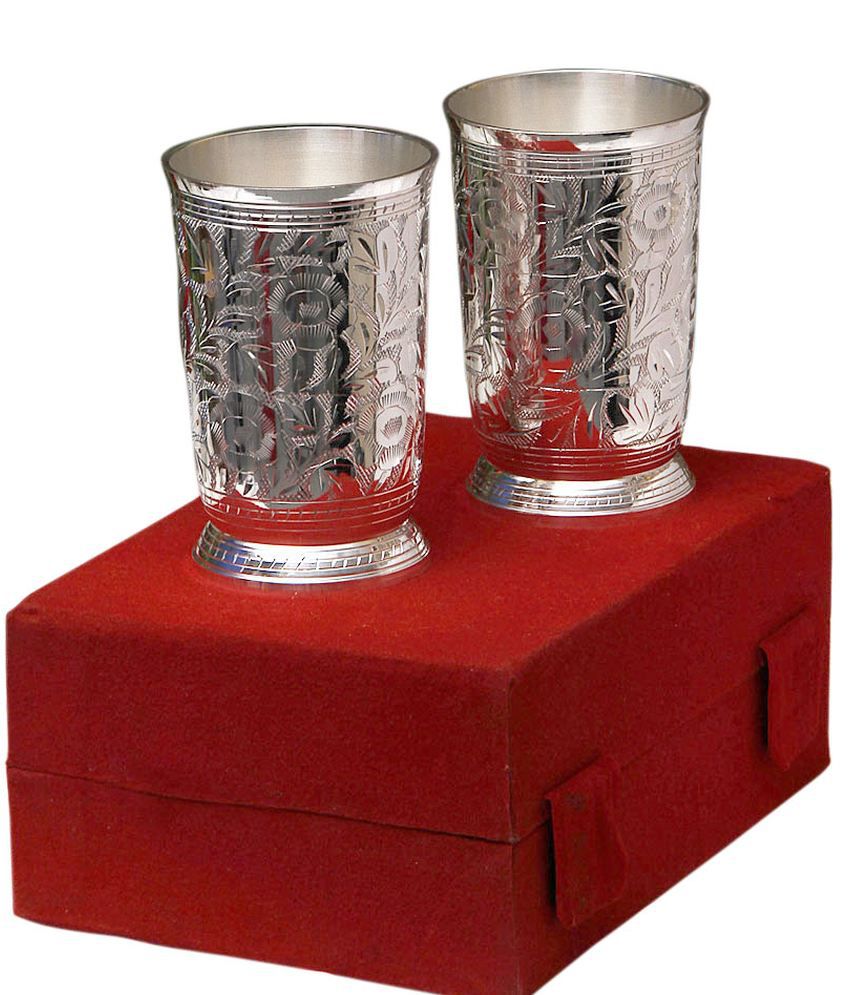     			HOMETALES Silver Plated Brass Water Glasses Set Of 2 Pcs