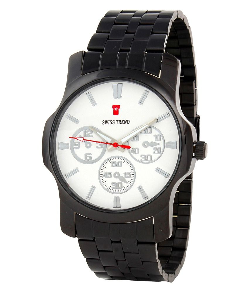 Swiss Trend Sleek white dial mens watch with black full metal strap