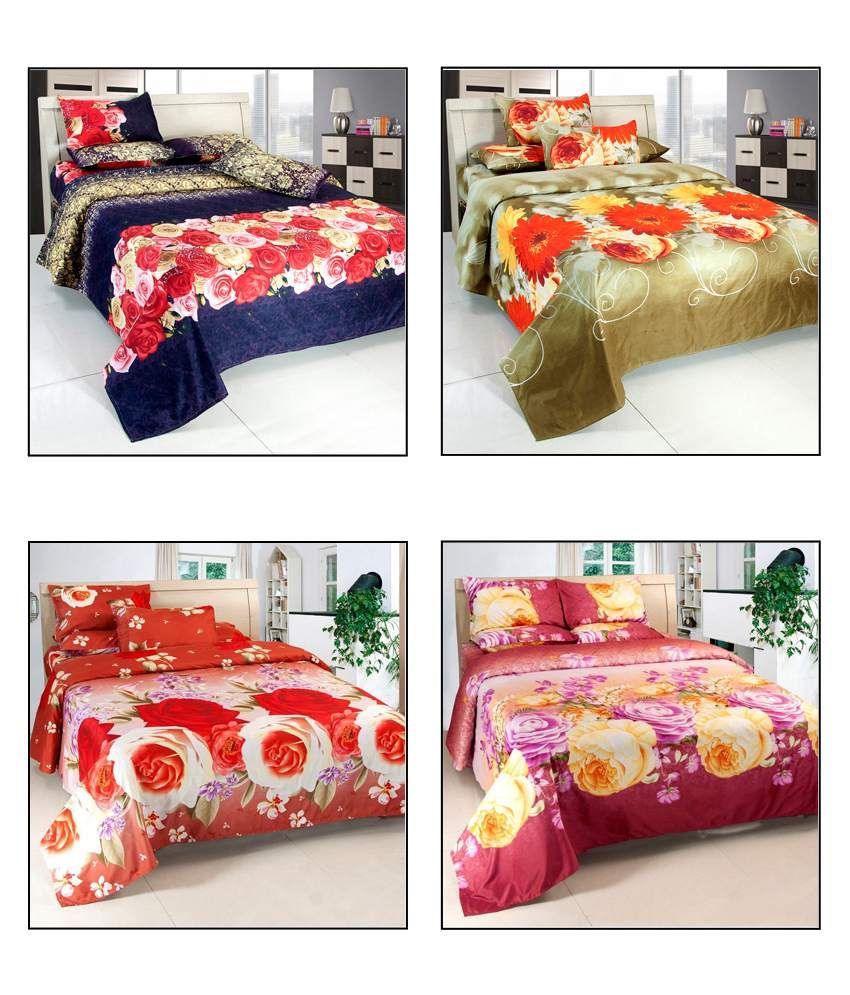 Vertex Multicolour 3D Floral Double Bed Sheets with 4 Pillow Covers Buy