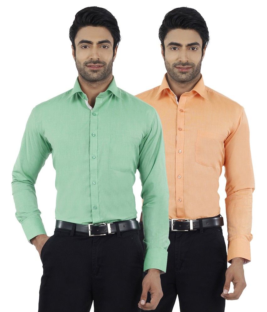 Dennis Lingo Men's Solid Green and Orange Full Sleeves Formal Shirts ...