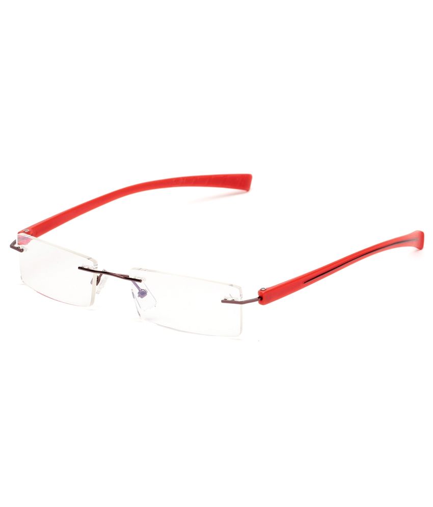 red rimless glasses