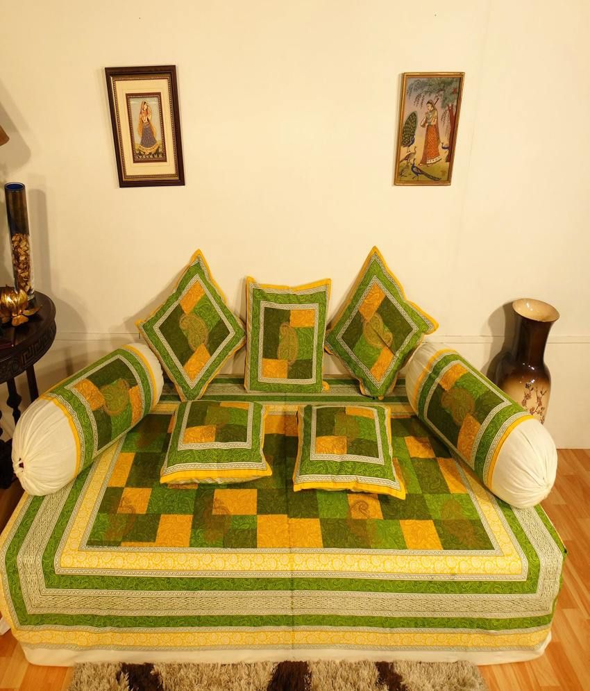Heritagefabs Anokhi Green Diwan Set (Single Bed Sheet with 5 Cushion