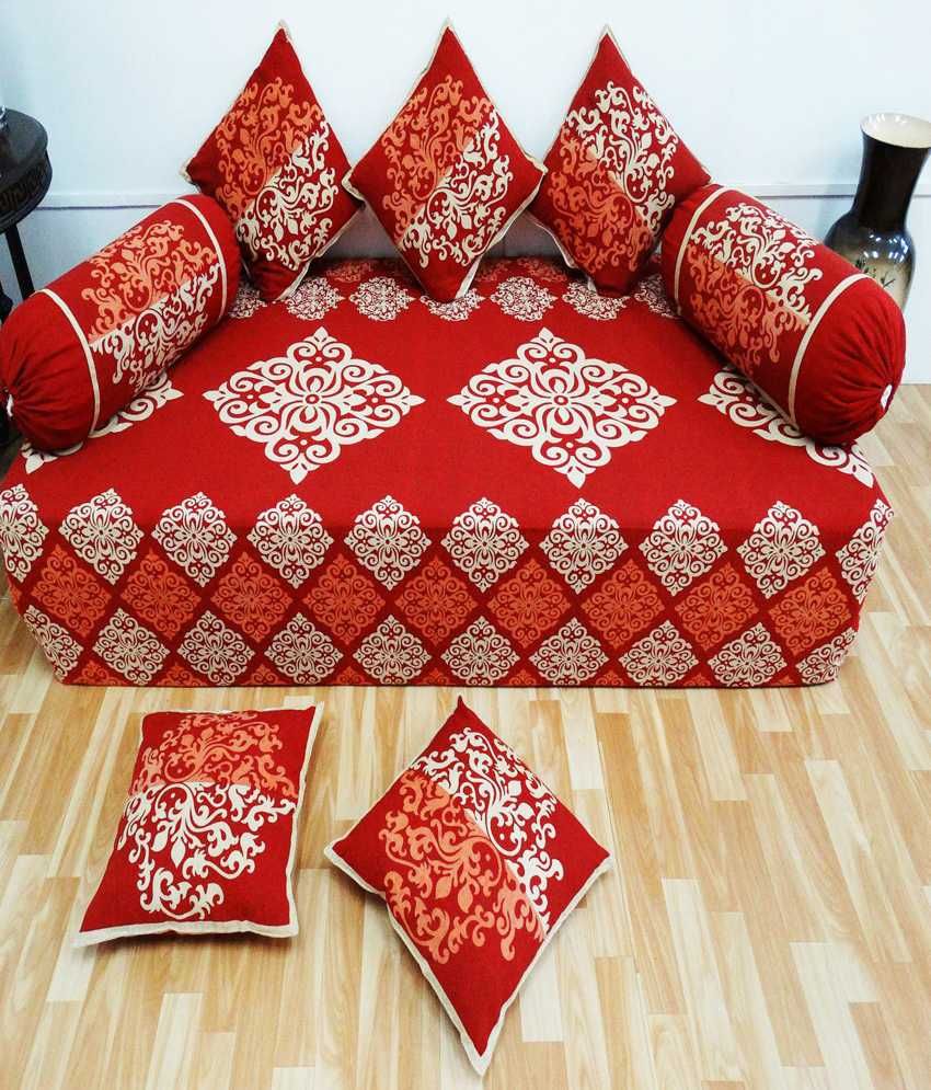 Heritagefabs Desire Red Diwan Set (Single Bed Sheet with 5 Cushion