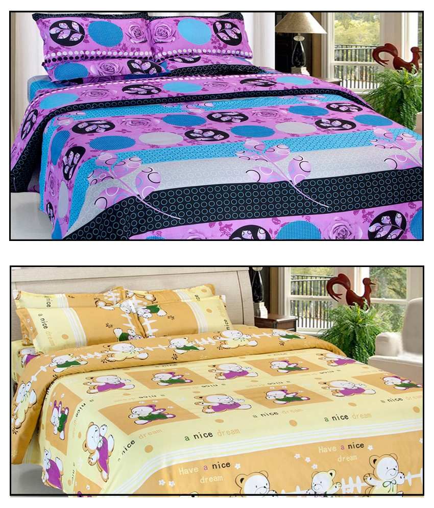 Vertex Purple and Yellow Baby Themes Polyester 2 Bed Sheets with 4