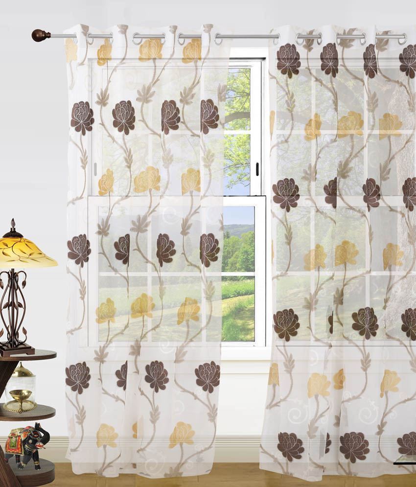     			Dekor World Set of 2 Door Sheer Curtains Floral Yellow and Brown
