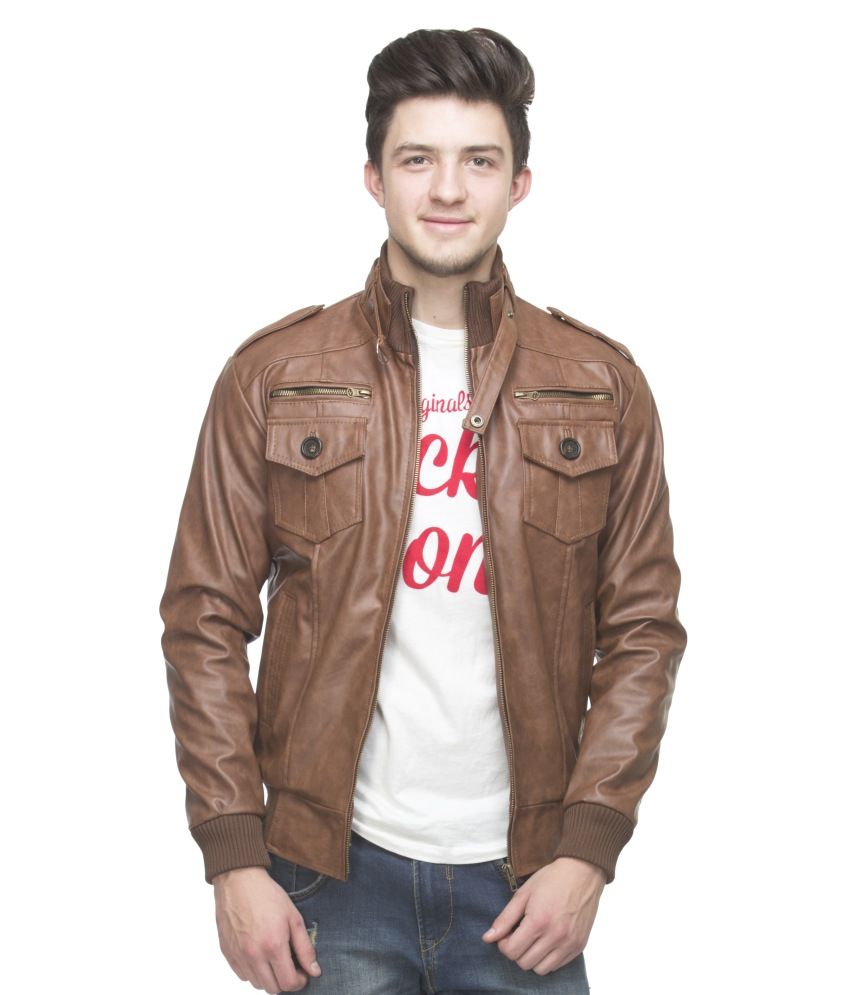 Lambency Tan Pu Leather Casual Biker Jacket For Men Lambency Tan Pu Leather Casual Biker Jacket For Men