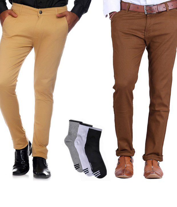     			AVE Brown and Tan Cotton Lycra Formal Trousers with Combo of Free Socks