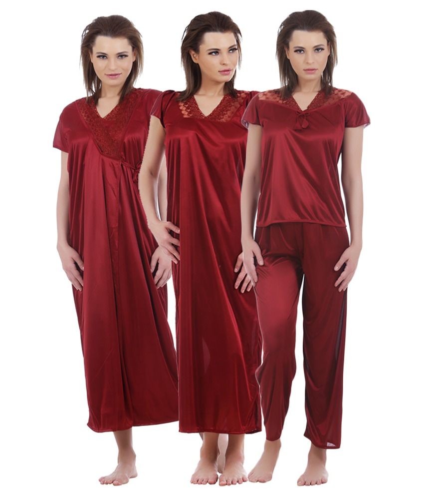 Buy Eeshar Maroon Satin Nighty And Night Gowns Pack Of 4 Online At Best Prices In India Snapdeal