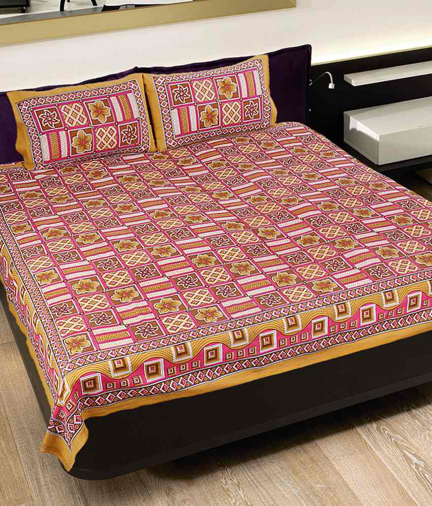 Grj India Brown Rajasthani Pure Cotton Double Bed Sheet With 2 Pillow ...