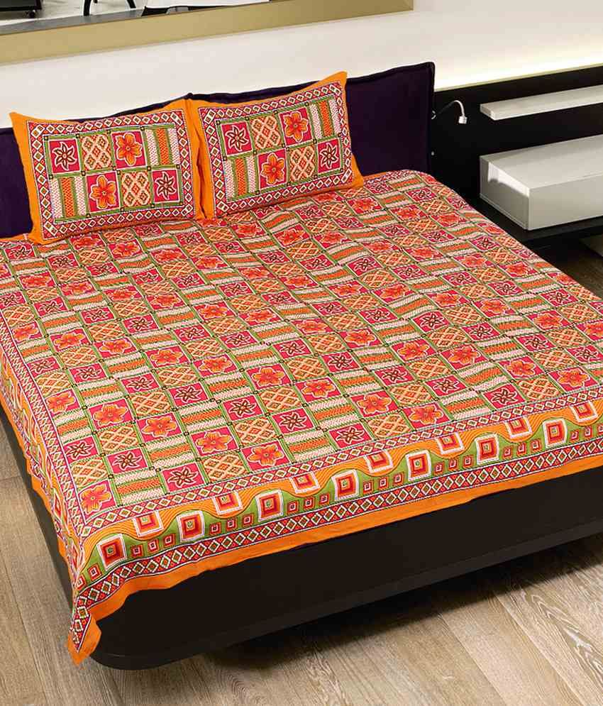 Grj India Multicolour Rajasthani Pure Cotton Double Bed Sheet With 2