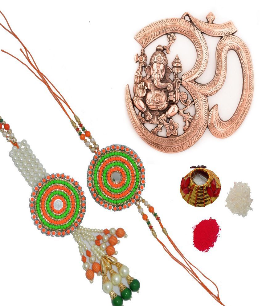     			eCraftIndia Bhaiya Bhabhi Rakhi Set Metal Wall Hanging of Lord Ganesha with Om and Roli Tikka Matki