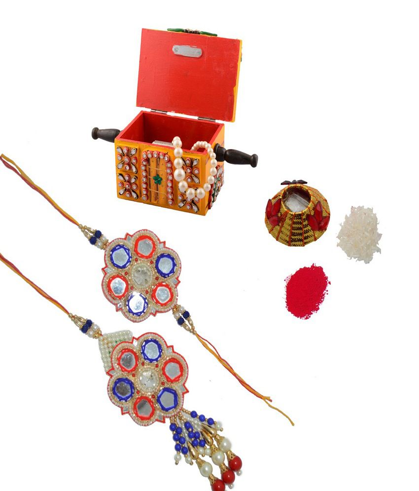     			eCraftIndia Bhaiya Bhabhi Rakhi Set with Royal Jewellery Box and Roli Tikka Matki