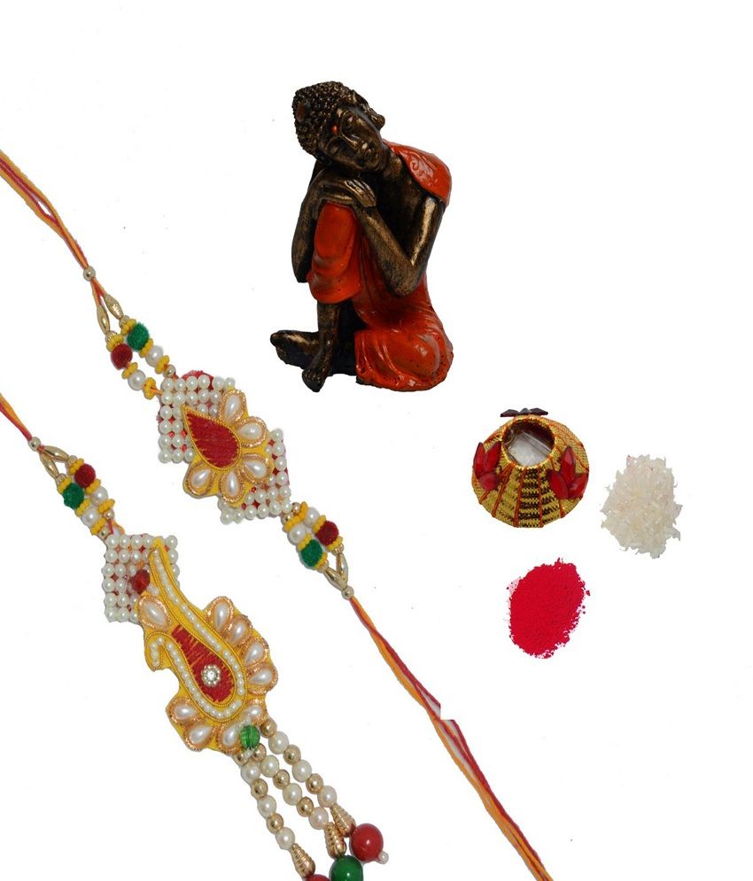     			eCraftIndia Bhaiya Bhabhi Rakhi Set with Resting Buddha on Knee and Roli Tikka Matki