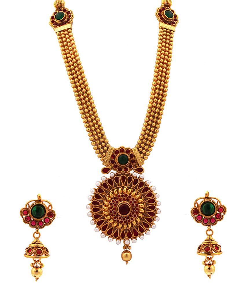 Kushi Gold Plated Traditional Temple Kemp Stone Haram Necklace Set ...