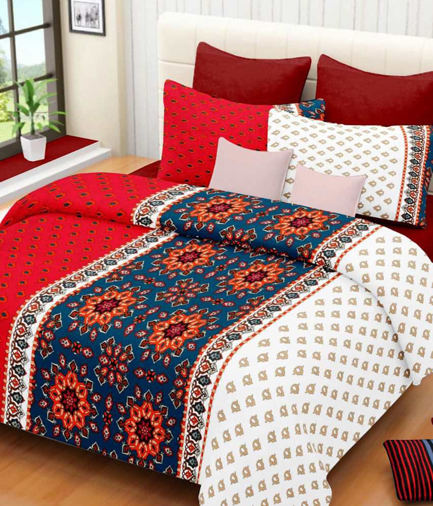     			Ahmedabad Cotton Red Cotton Geometrical Double Bedsheet With 2 Pillow Cover