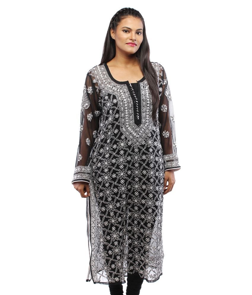 Ada Lucknow Chikankari Hand Made Black Faux Georgette Hand Embroidered ...