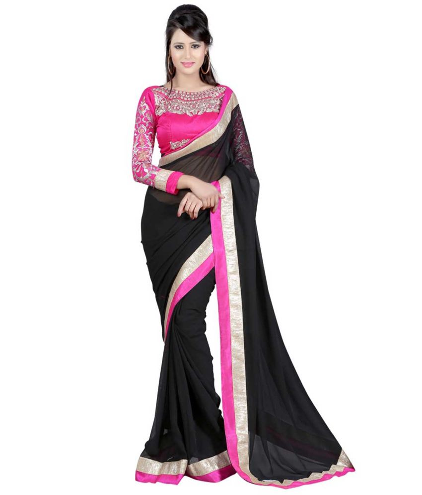 Usha Silk Mills Pink and Black Chiffon Saree - Buy Usha Silk Mills Pink ...