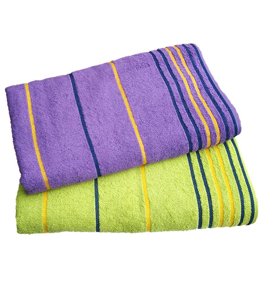 purple and green bath towels