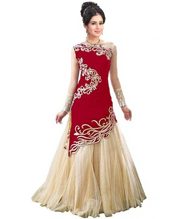     			Rising Ecommerce Red and Beige Pure Georgette Semi Stitched Dress Material