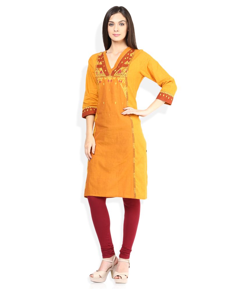 Fabindia Yellow & Maroon Embroidered Kurta - Buy Fabindia Yellow & Maroon Embroidered Kurta 