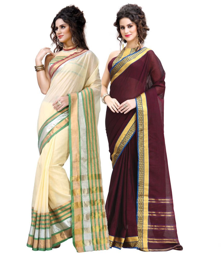 Reet Combo of Beige and Maroon Cotton Sarees with Blouse Piece - Buy ...