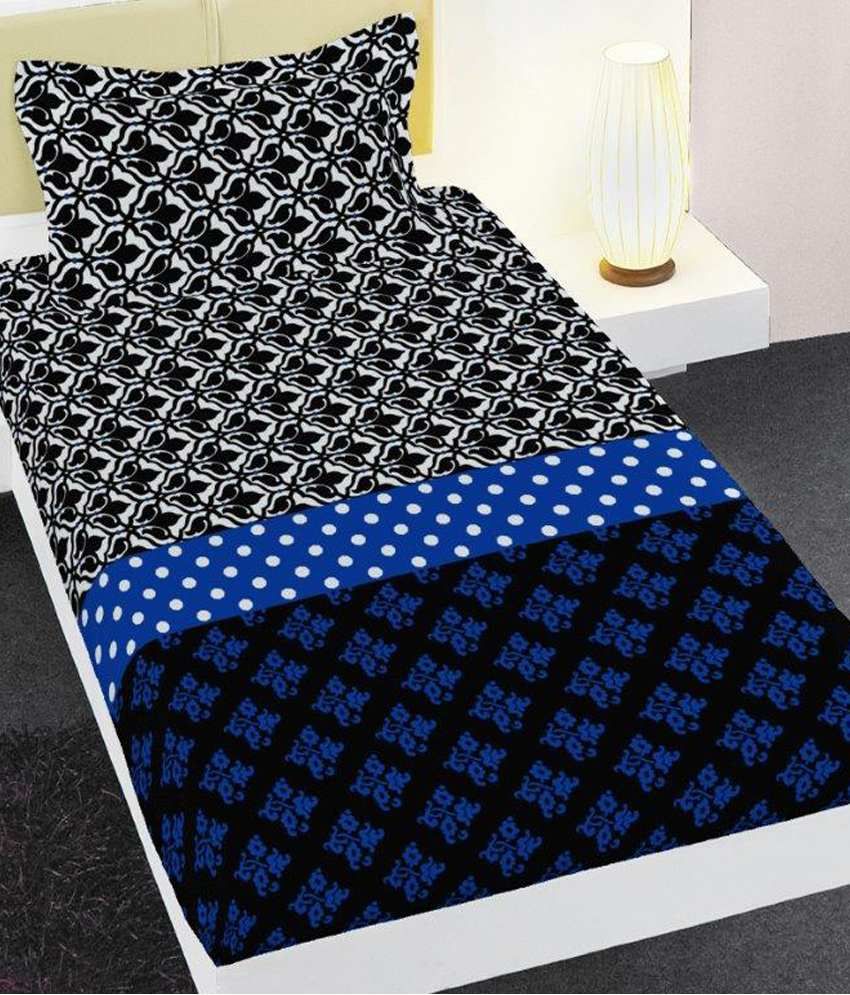 Bombay Dyeing Thistle Blue & Black Poly Cotton Single Bed Sheet with 1