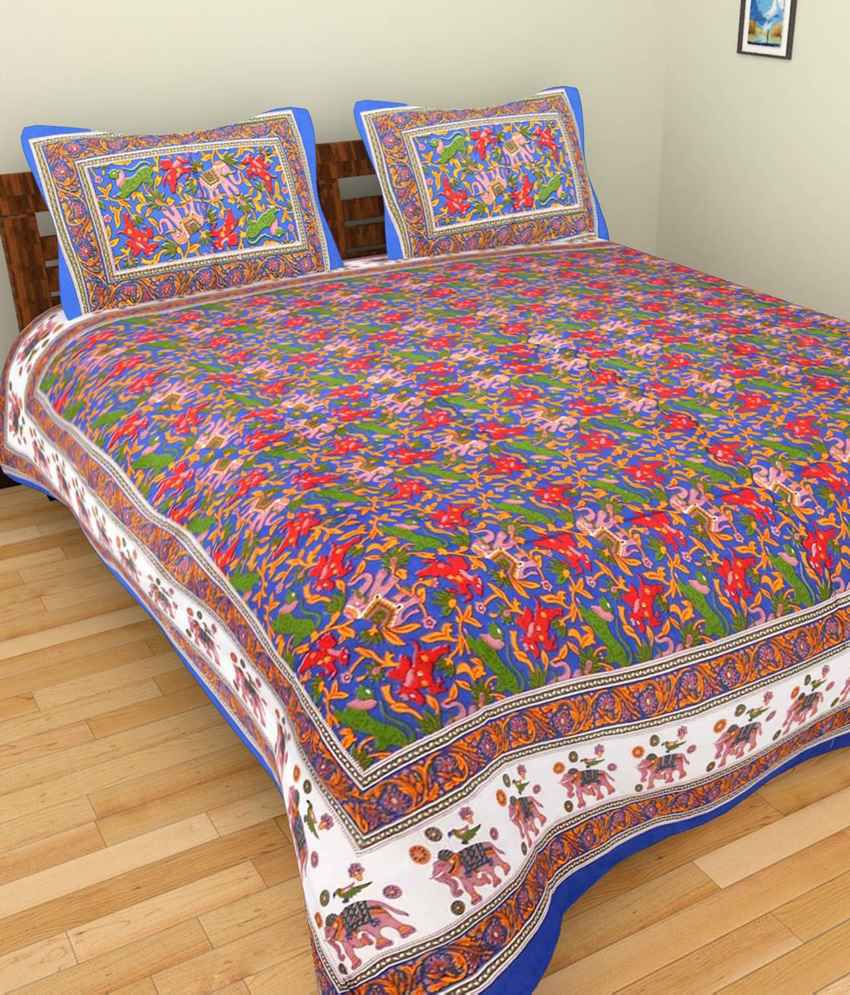     			Kismat Collection 100% Cotton UniqStyliner Jaipuri & Sanganeri Printed Double Bed Sheet With 2 Pillow Cover