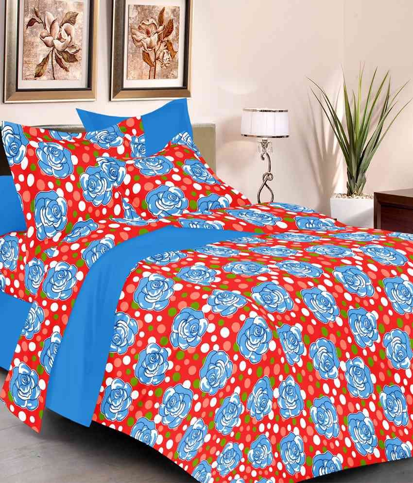 Mark Home Olivia Collection Blue & Red Double Bedsheet with 2 Pillow