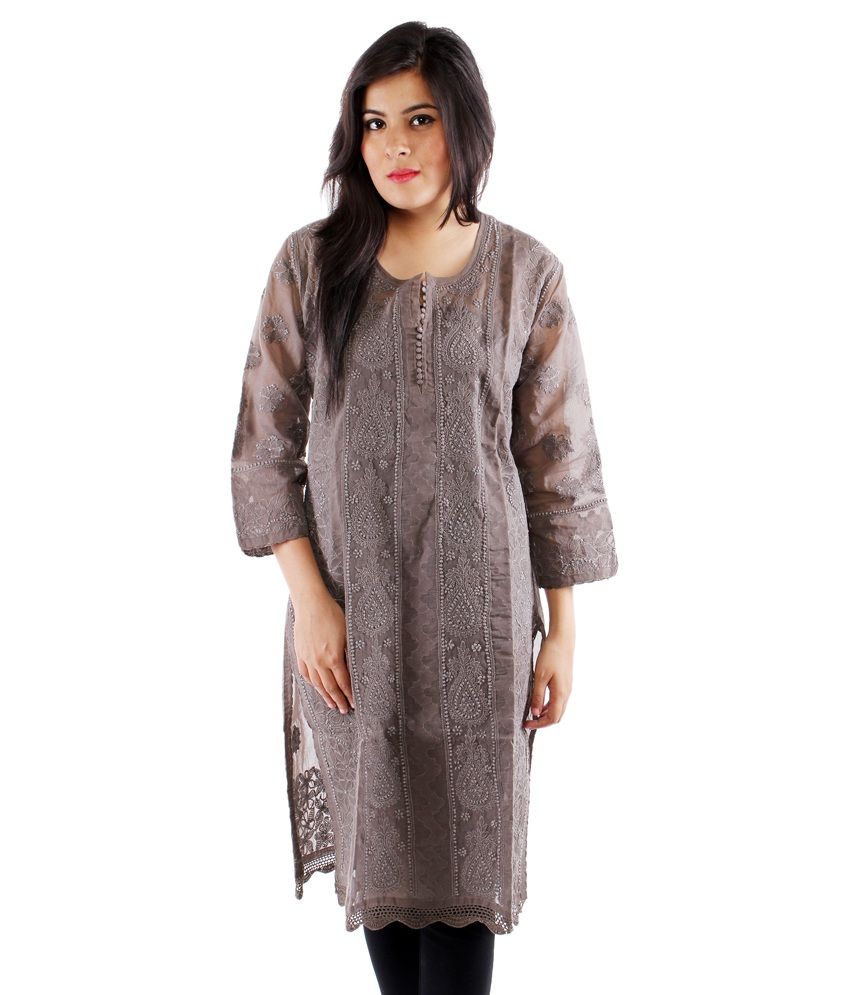 Ada Lucknowi Chikankari Hand Embroidery Gray Cotton Kurti by Ada - Buy ...