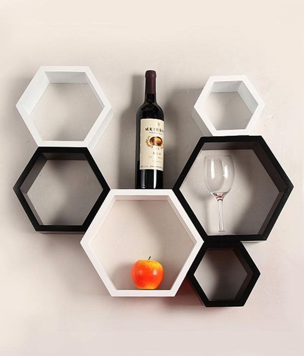 Hexagon Shaped Set of 6 Wall Shelves in Black &amp; White ...