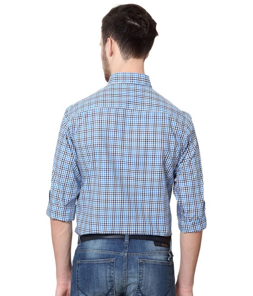 black with blue shirt