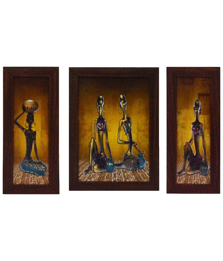     			eCraftIndia Classy Brown & Yellow Pack of 3 Framed UV Art Print Paintings