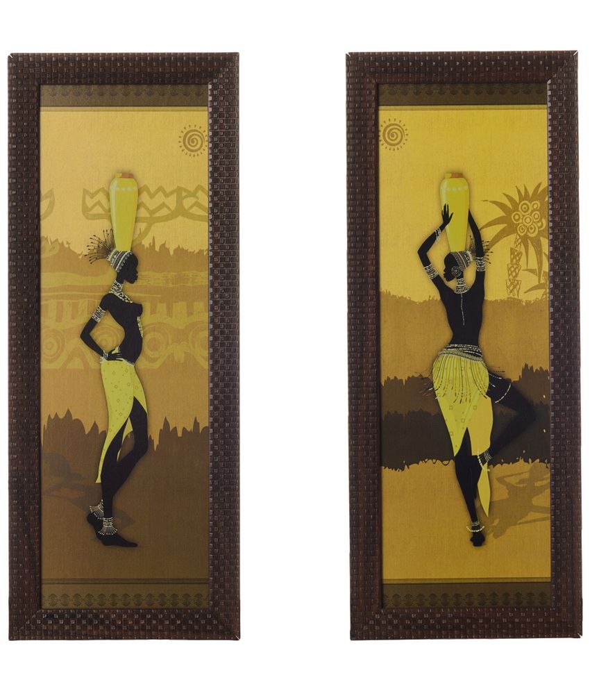     			eCraftIndia Pack of 3 Yellow & Black Tribal Lady Satin Framed UV Art Print Painting