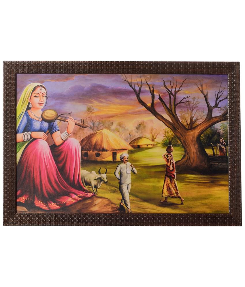     			eCraftIndia Green & Brown Village Scene Satin Framed UV Art Print Painting