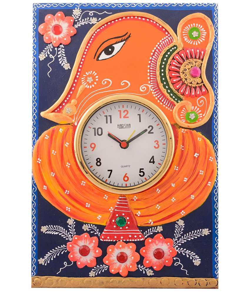     			eCraftIndia Orange & Blue Wooden Papier Mache Lord Ganesha Wall Clock