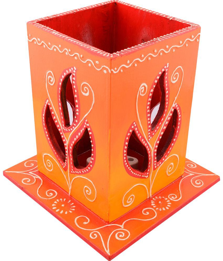     			eCraftIndia Orange Wooden Carved Table Lamp