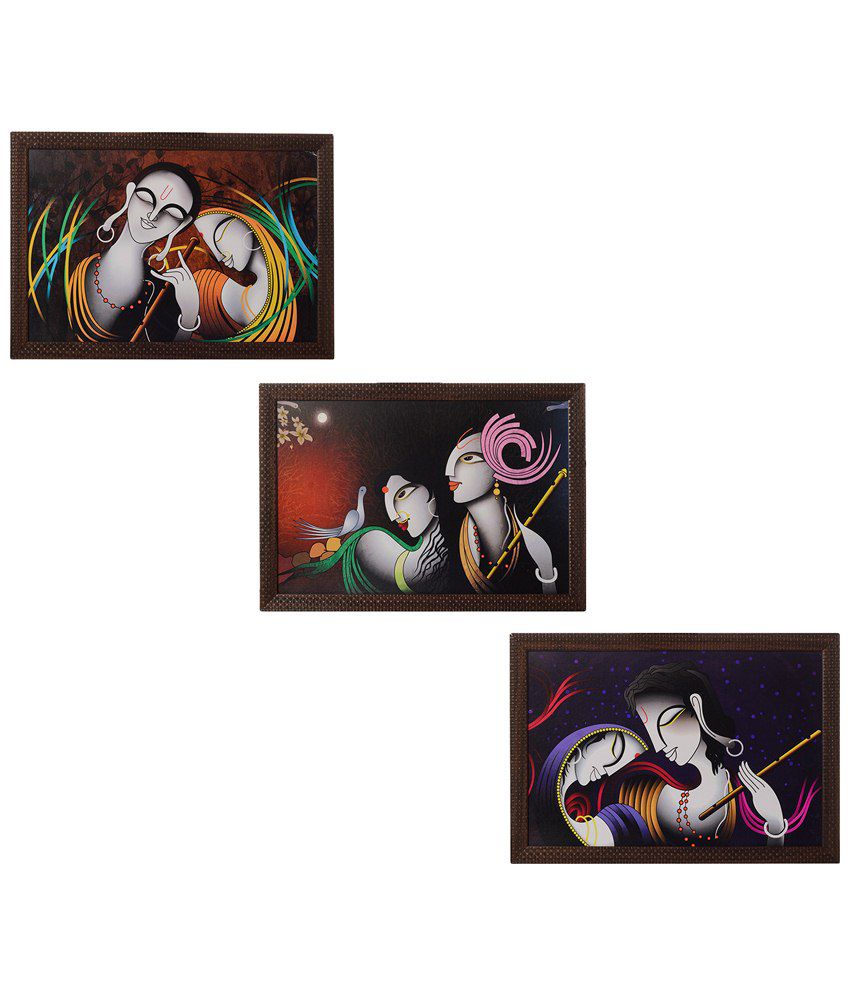     			eCraftIndia Pack of 3 Multicoloured Radha Krishna Satin Framed UV Art Print Paintings